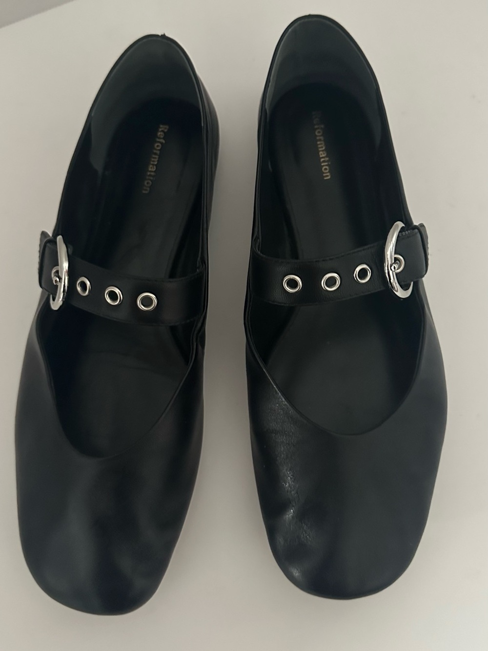 Reformation Black Mary Jane Strap Flats with Silver Buckle